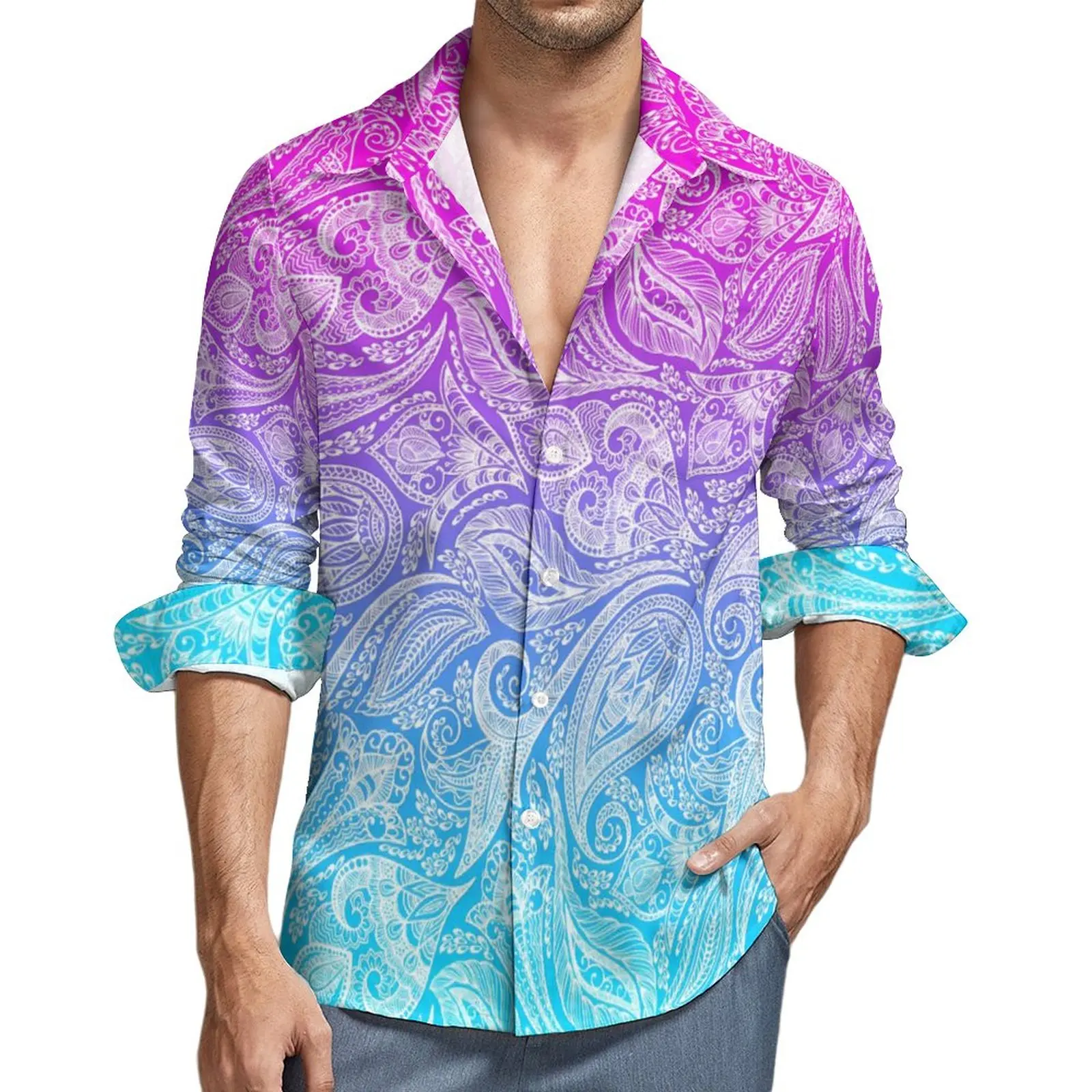 

Floral Paisley Street Style Casual Shirt Man Blue Ombre Shirt Autumn Fashion Blouses Long Sleeve Custom Oversize Clothes