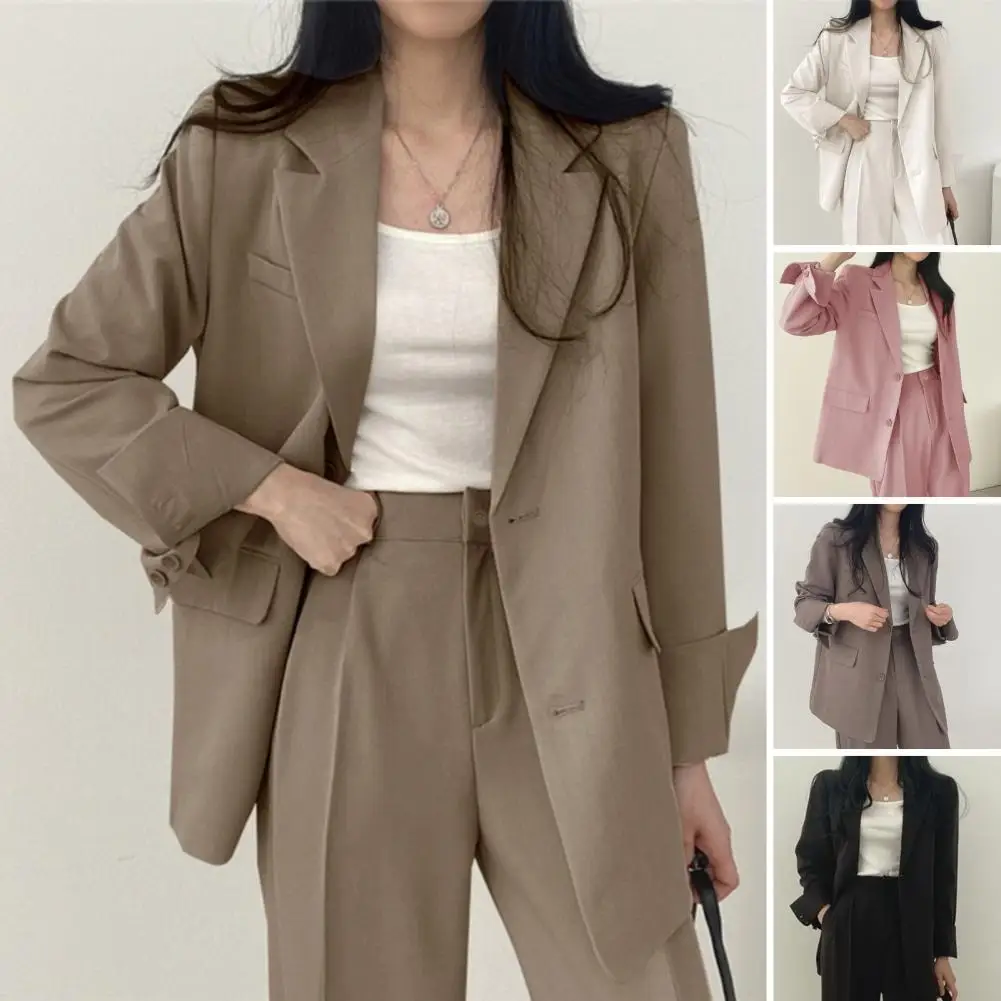 Lapel Suit Jacket Chic Women's Workwear Loose Fit Lapel With Flap Pockets For Spring Autumn Seasons Women Suit Coat elmsk trendy loose fitting workwear pants with three dimensional multiple pockets casual and breathable cropped pants for stude