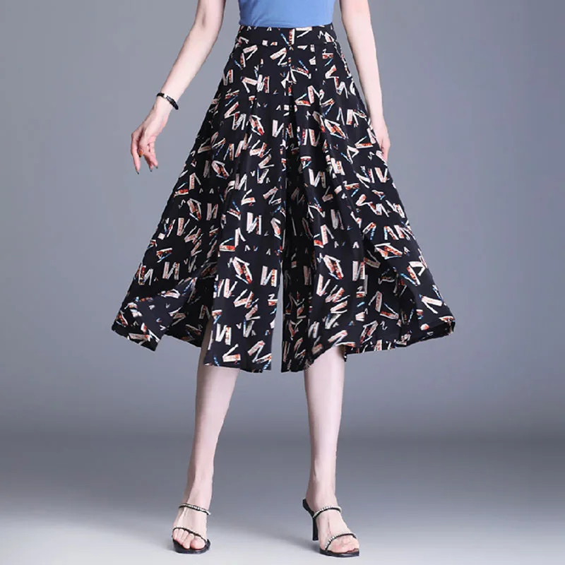 Summer Fashion Women Chiffon Shirt Appear Thin Loose Letter Printing Casual Large Size High Waisted Thin Style Trouser Skirts