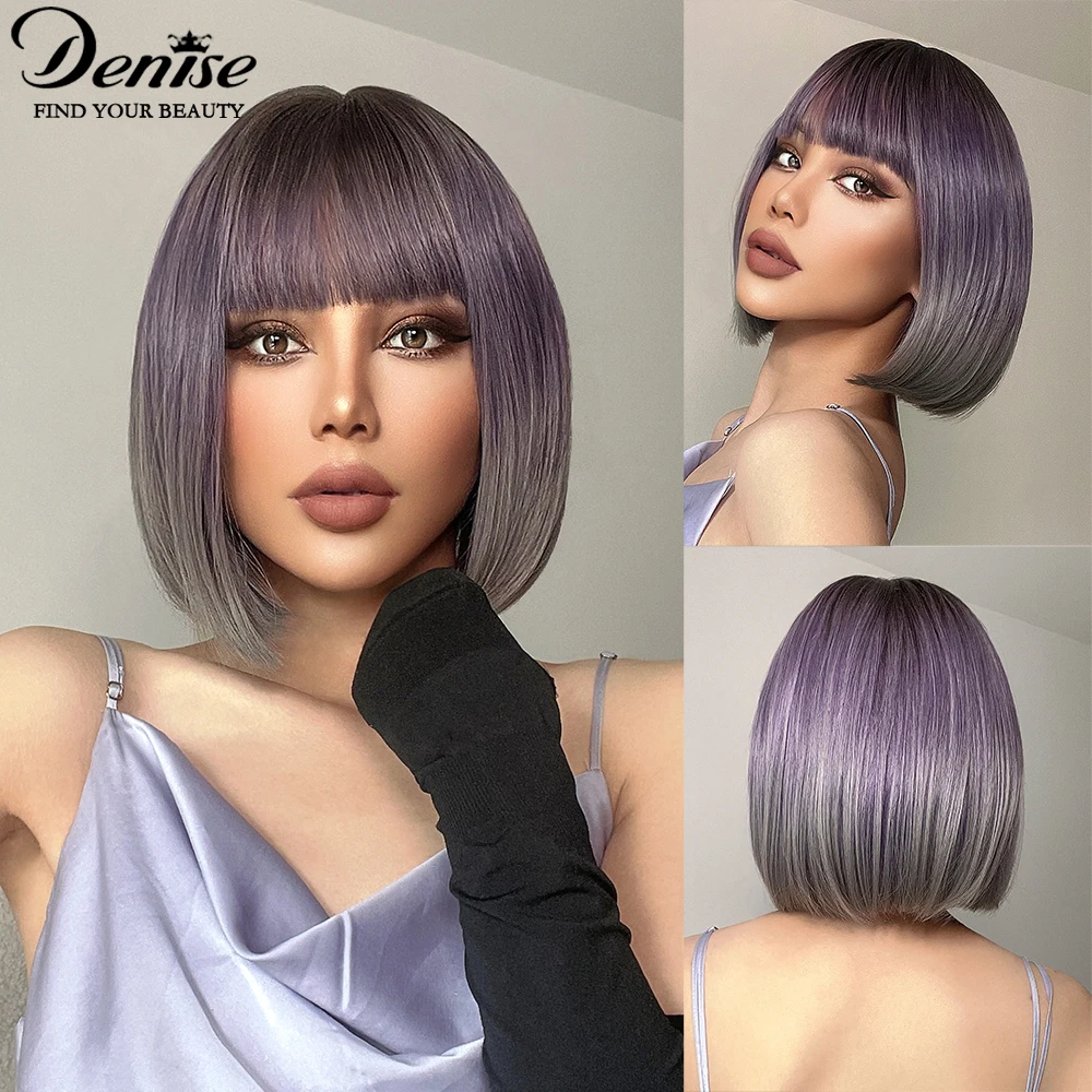

Short Bob Wig Straight Purple Ombre Synthetic Wigs For White Women With Bangs Nutural Hair Daily Cosplay Heat Resistant Fiber