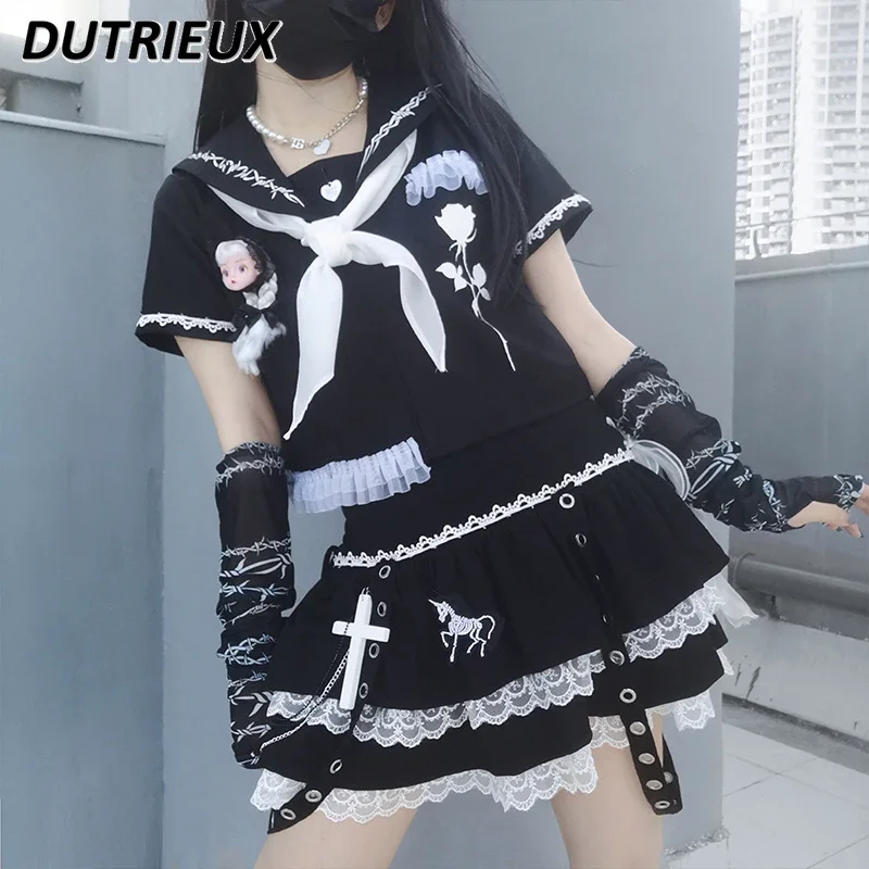 Summer Hot Girl JK Uniform Short Sleeve Black Top Sweet Sailor Suit and High Waist Pleated Skirt 2 Piece Sets Womens Outfits