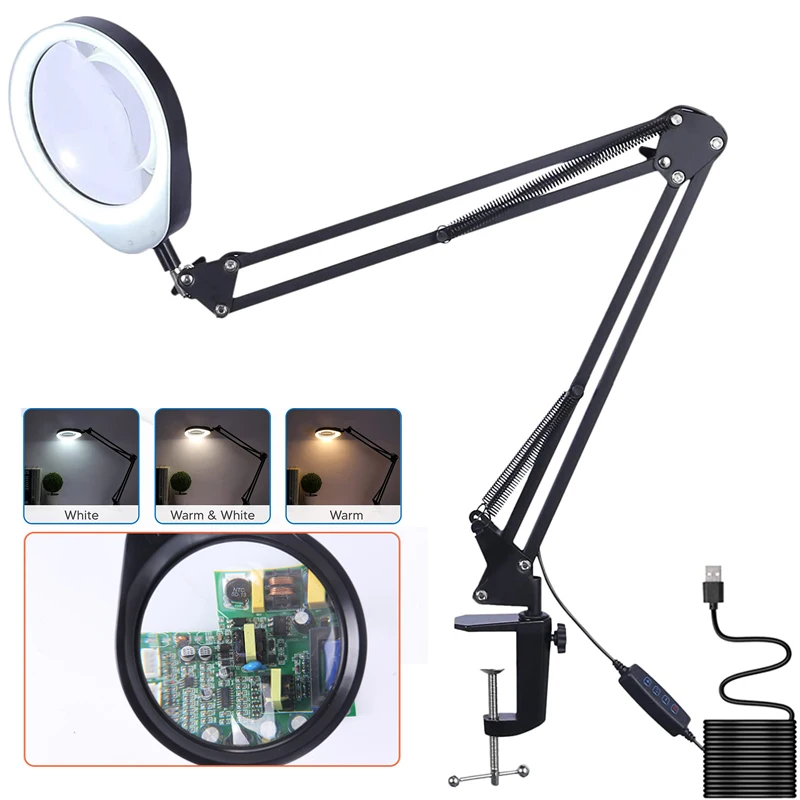 

2022 LED Magnifying Lamp Swing arm Desk Light with Clamp 3 Lighting 10 Brightness Eye-Caring Modes Reading Inspection Magnifier