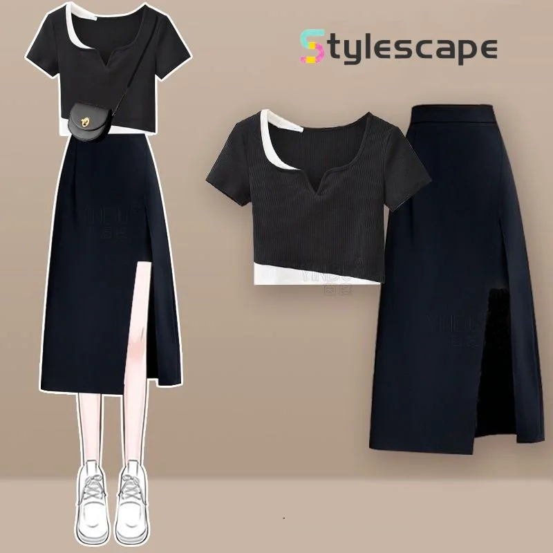 Summer New Short Sleeved Top Splicing Design Feels Slim and Tall, Black Split Half Skirt Women's Two Piece Set