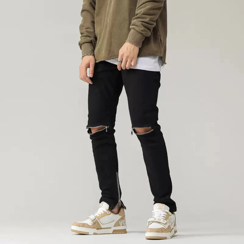 High Street Fashion Men Jeans Elastic Stretch Slim Fit Ripped Jeans Men Black Punk Trousers Zipper Designer Hip Hop Pants Hombre