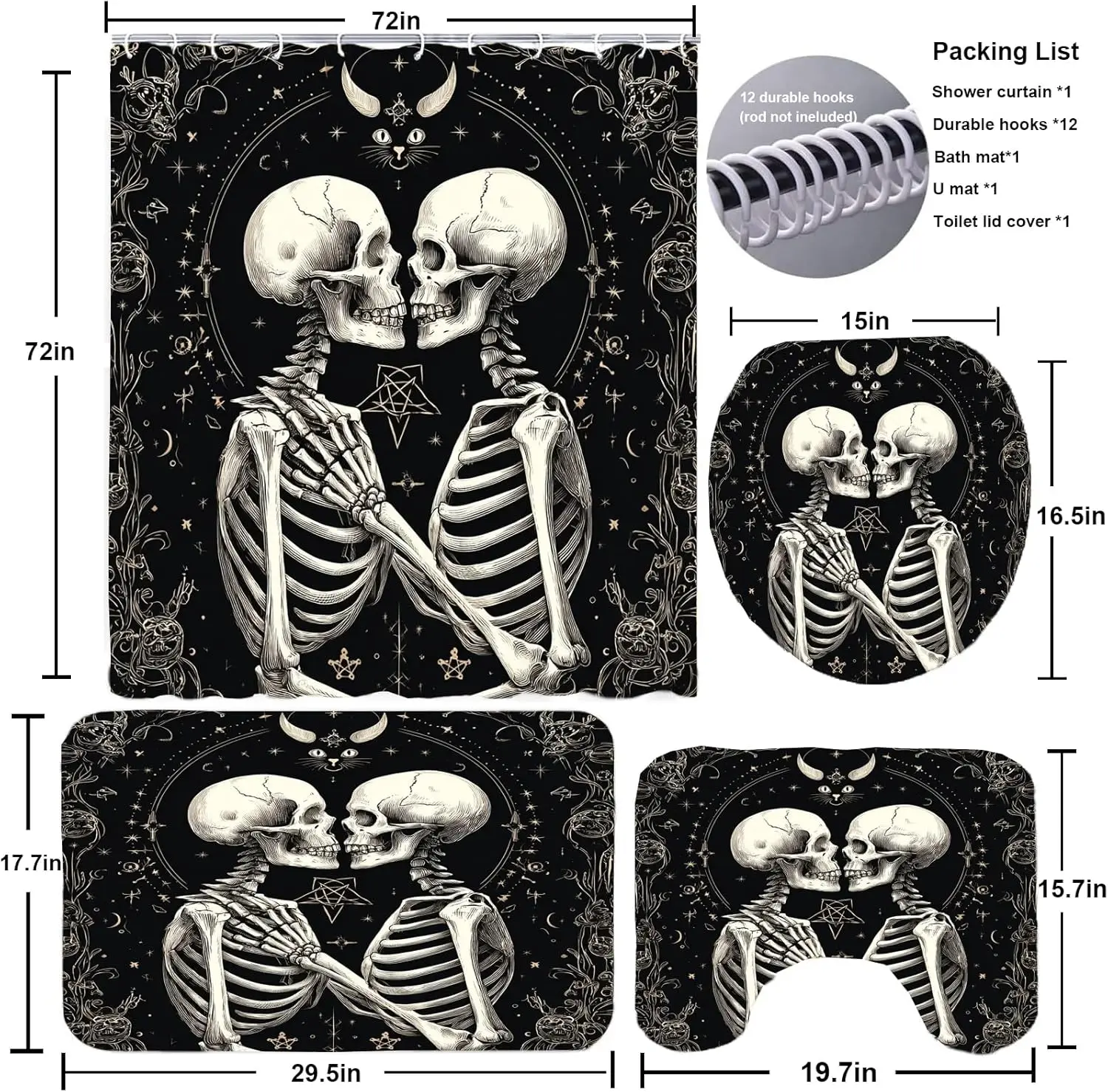 욕실용 할로윈 커튼, 4피스 고딕 해골 블랙 샤워 커튼 및 러그 욕실 장식 세트, 해골 커플 할로윈