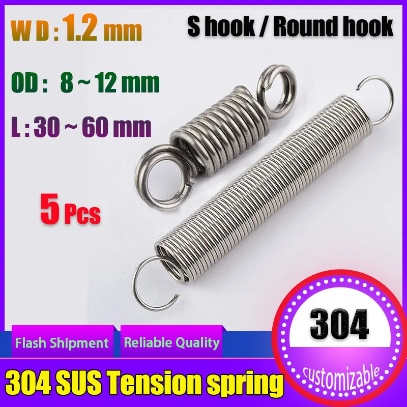 

Tension spring 1.2*8-12mm Wire diameter S Hook Round hook Coil Pullback Extension Tension metal Spring wire 304 Stainless Steel