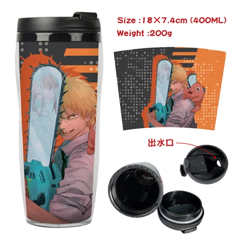 Botella de agua de 400ml, figuras de Anime, motosierra de dibujos animados para hombre y niños, botella de agua deportiva para exteriores, taza de agua portátil de plástico para niños y niñas