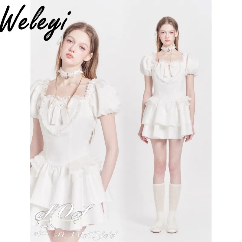 

Super Nice Kawaii Lace White Dresses Ropa Mujer Streetwear New 2024 Summer Cute Square Collar Puff Sleeve A Line Princess Frock