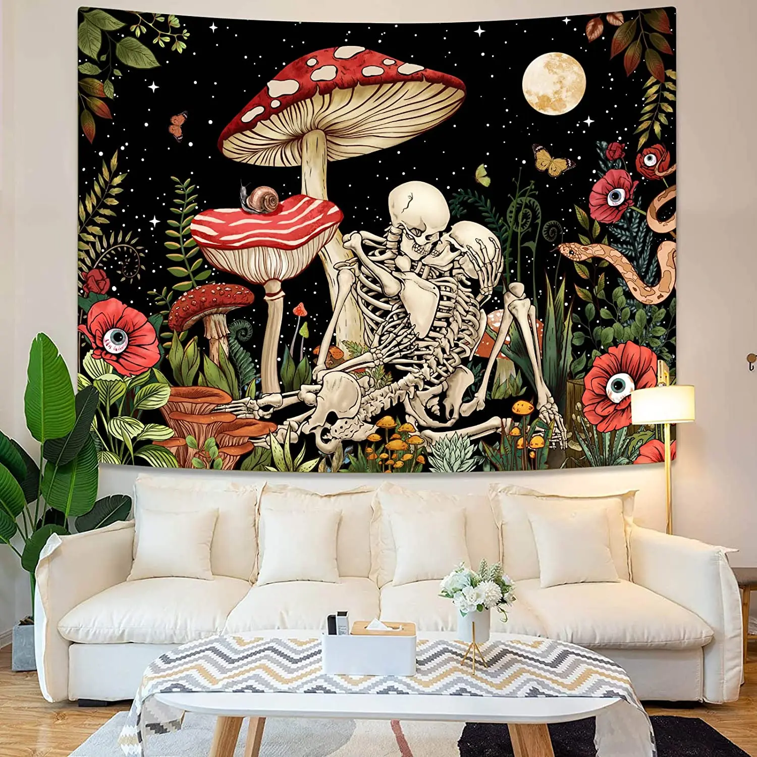 Mushroom Skull Tapestry Wall Hanging Skeleton Floral Tapestries Aesthetic Room Decor Trippy Plant Nature Art Bedroom Decoration tapestry decor