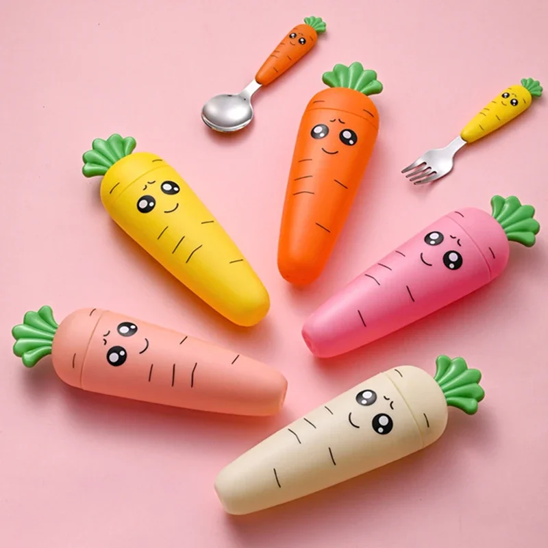 Cartoon Carrot Spoon Baby Feeding Utensils Child Cutlery Set Cute Kid Fork Spoon Kitchen Gadgets Tableware Fork Teaspoon 3PCS