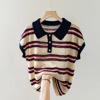 Contrasted Striped Lapel Short-sleeved T-shirt for Women in Summer Loose Casual and Versatile POLO Shirt