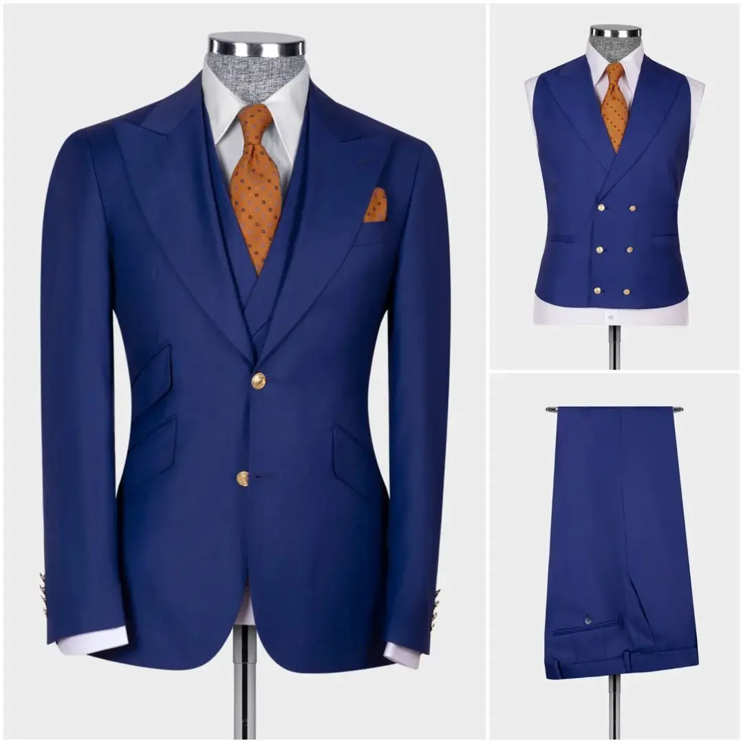Dark Blue Men's Suit Coat Pants Vest 3Pcs Set Man Suits Slim Fit Outfit Blazer Trousers Wedding Clothing New Year Business Wear