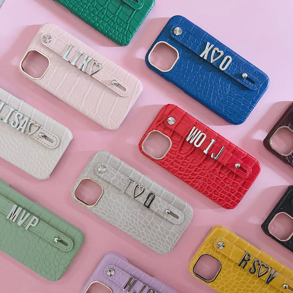 Luxury Custom Personalised Name Silver Metal Letter Charm Leather Phone Cases For Iphone 14 13 12 11 15 Pro Max 14promax Cover