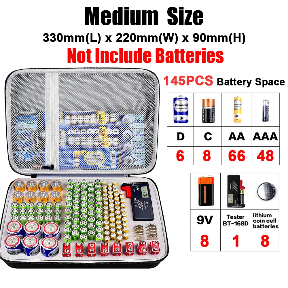 Portable Hard EVA Shockproof Battery Organizer with Tester - 146 Pcs Storage Case Box Holder