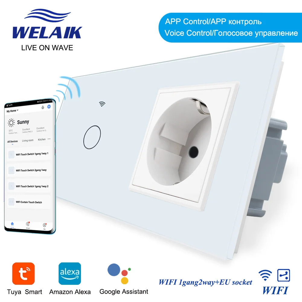 

WELAIK EU Tuya WIFI Google коридор, лестницы, 1 канал, Хрустальная стеклянная панель, Светодиодный настенный сенсорный выключатель, 16 А, розетка питания