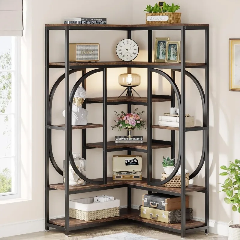 

7-Shelf Corner Bookshelf, Large Modern Corner Bookcase, Tall L-Shaped Corner Shelf Stand Display Rack with Storage, Metal Frame