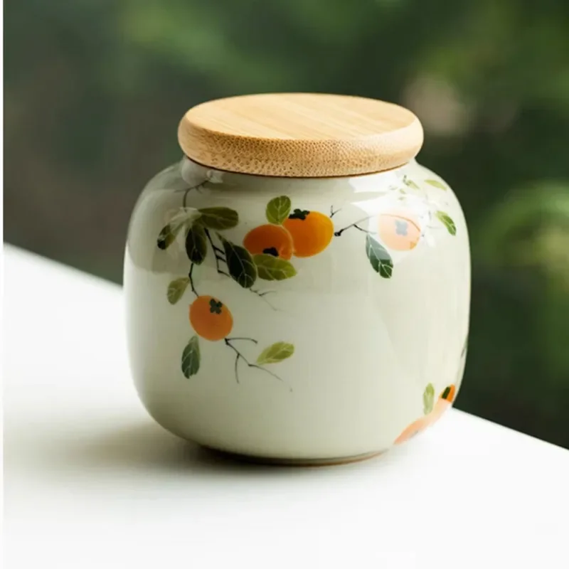 Chinese Ceramic Tea Caddy Hand-painted Persimmon Tea Jar Travel Bag Storage Box Sealed Container Storage Tank Teaware