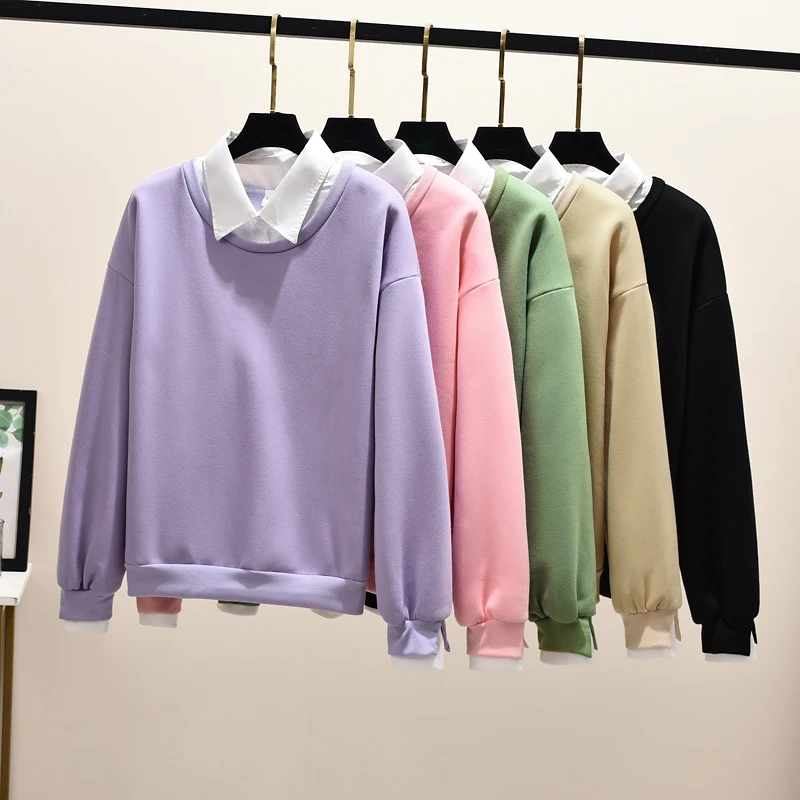 

women Fake two-piece oversized sweatshirt Korean style fleece hoodies Casual Pullovers harajuku solid streetwear winter clothes