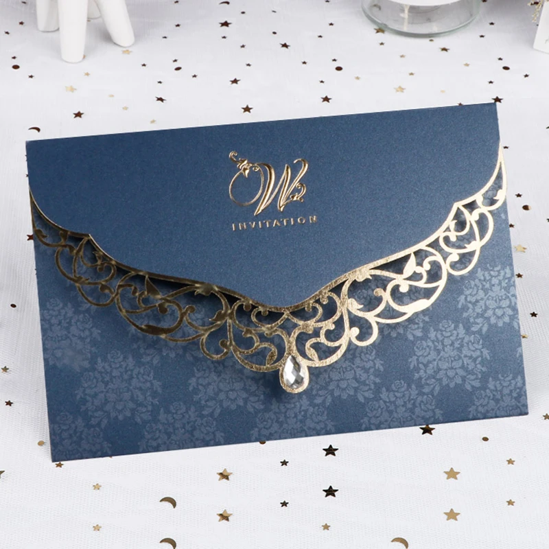 

50 Pieces Pearly Shiny Navy Blue Wedding Invitation Card With Diamond Customized Print Laser Cut Greeting Marriage Cards IC158