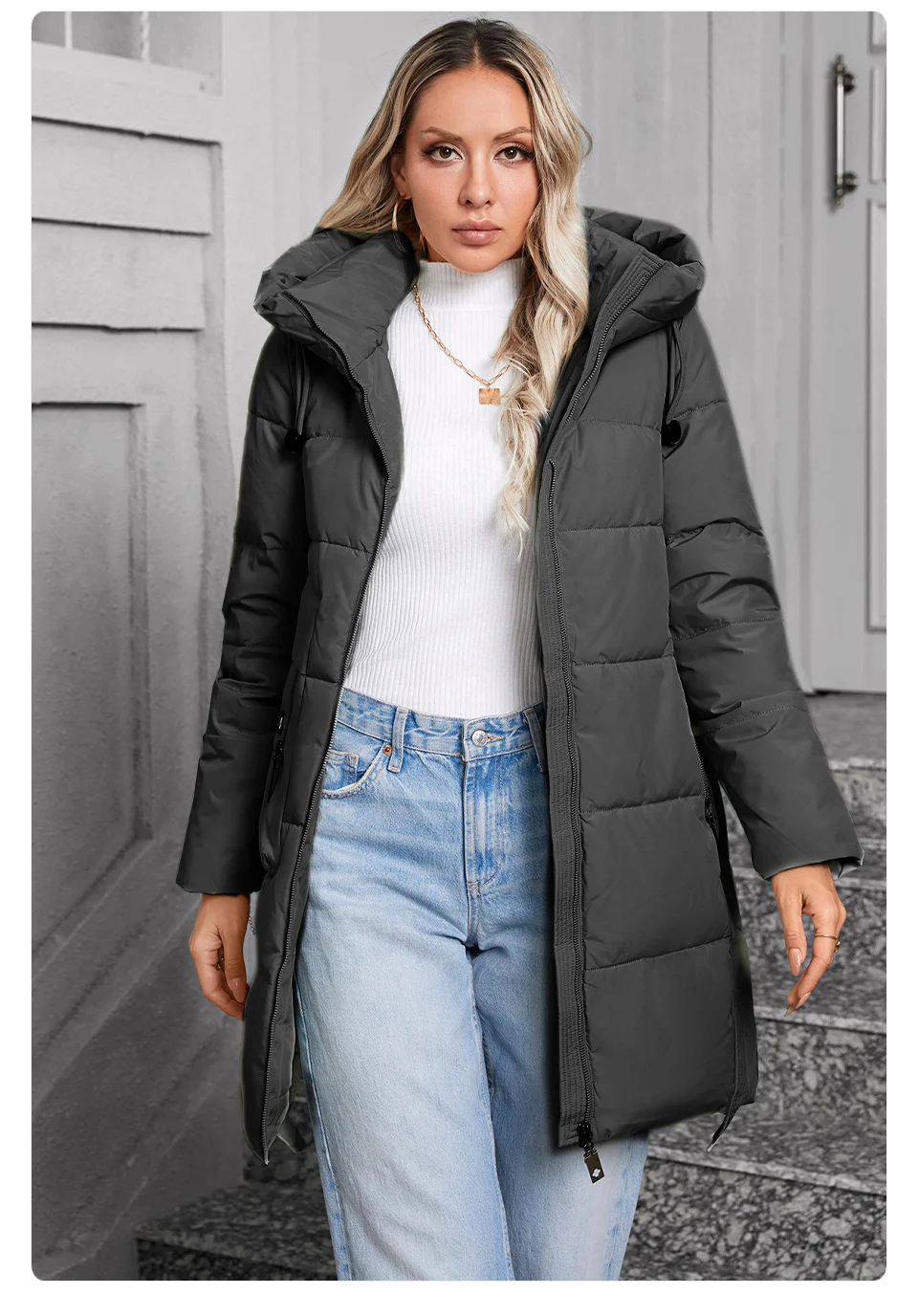 GASMAN 2024 Women Down Jacket Medium Classic zipper design Big Pocket Stand Collar Hooded Slim coat Women Parkas 83356