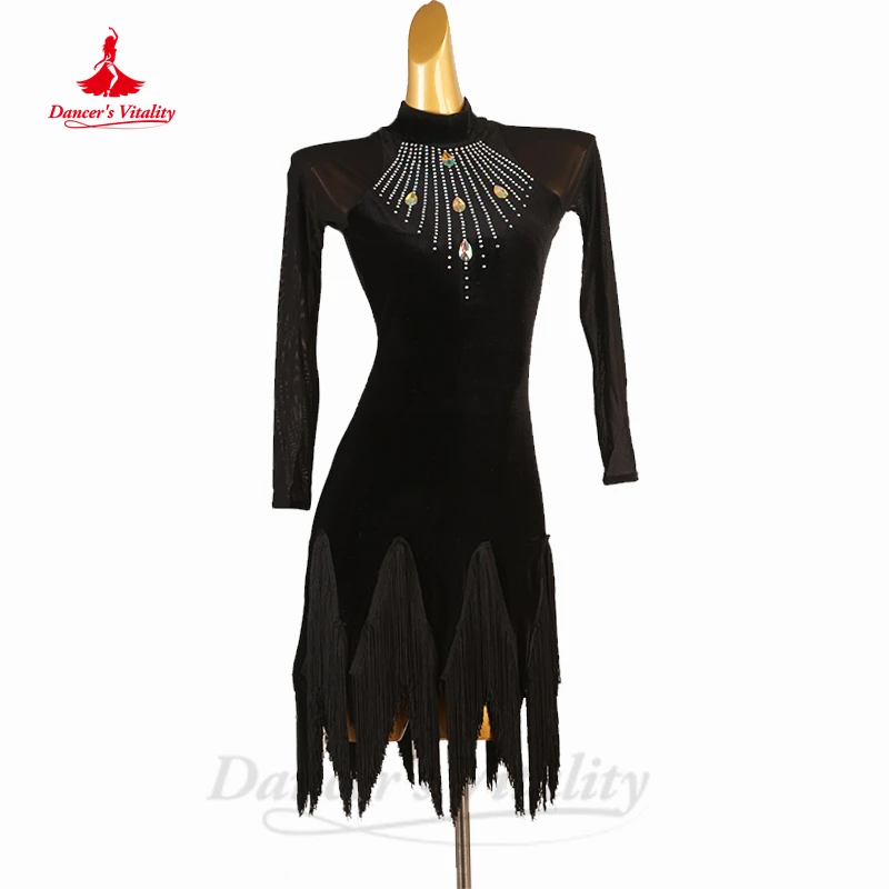 

Latin Dancing Performance Dress for Women Customsized Rumba Chacha Tango Competiton Costumes Girl's Latin Black Pool Skirt