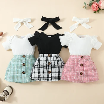Pudcoco Infant Baby Girls 3 Piece Outfit Ruffles Short Sleeve Rompers Plaid Print Button Skirt Headband Summer Clothes Set 0-18M 1