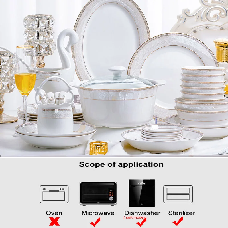 Porcelain Dinner Set 60 pcs Jingdezhen Ceramics Chinese Dishes Rice Bowl Salad Noodles Bowl Dinnerware Set Tableware