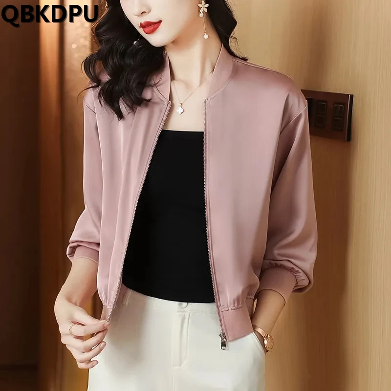 

Casual Loose Satin Thin Short Jackets Elegant Womens Chaquetas Korean Fashion Coats Spring Summer Basic Outwear 2023 New
