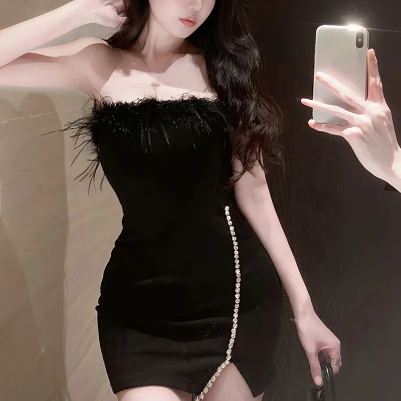 섹시한 순수 욕망 레트로 단색 봉제 스티치 디자인, 민소매 스트랩리스 패키지 힙 원피스, 한국 버전, 여름 패션