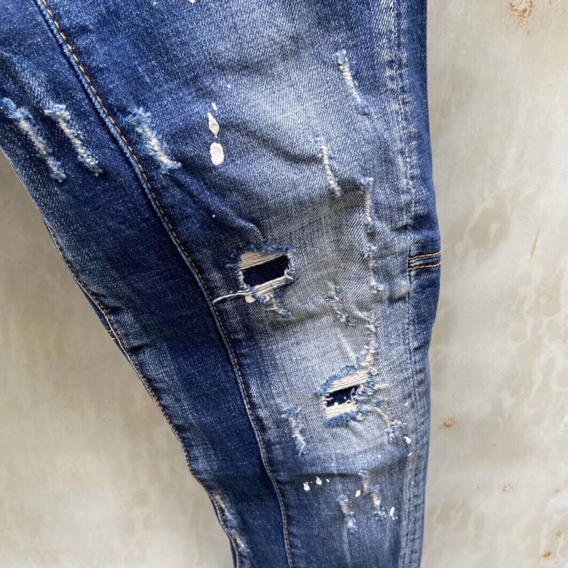 Chareiharper t121 raggy paint-spruced Stretch jeans for men Skinny blue panhandle pants 4
