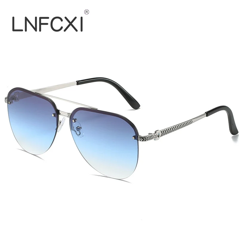 

LNFCXI New Retro Double Bridges Rimless Sunglasses Women Fashion Clear Gradient Lens Leopard Shades UV400 Men Punk Sun Glasses