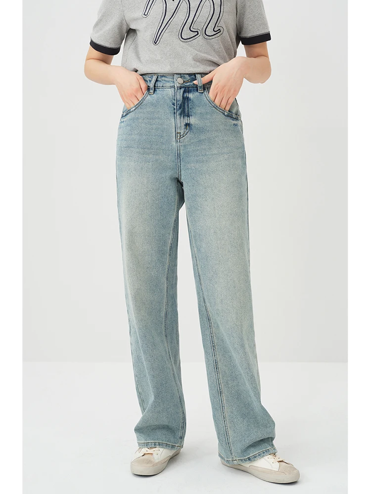 ZIQIAO Light-colored Straight Jeans for Women 2024 Spring New High-waist Slim Pants Retro Floor-length Trousers for Female