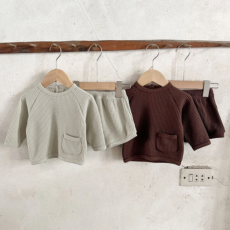 

Infant Kids Baby Girls Boys Long Sleeve Waffle Solid Color Tops + Shorts Clothing Sets Baby Girls Boys Children's Clothes Suit