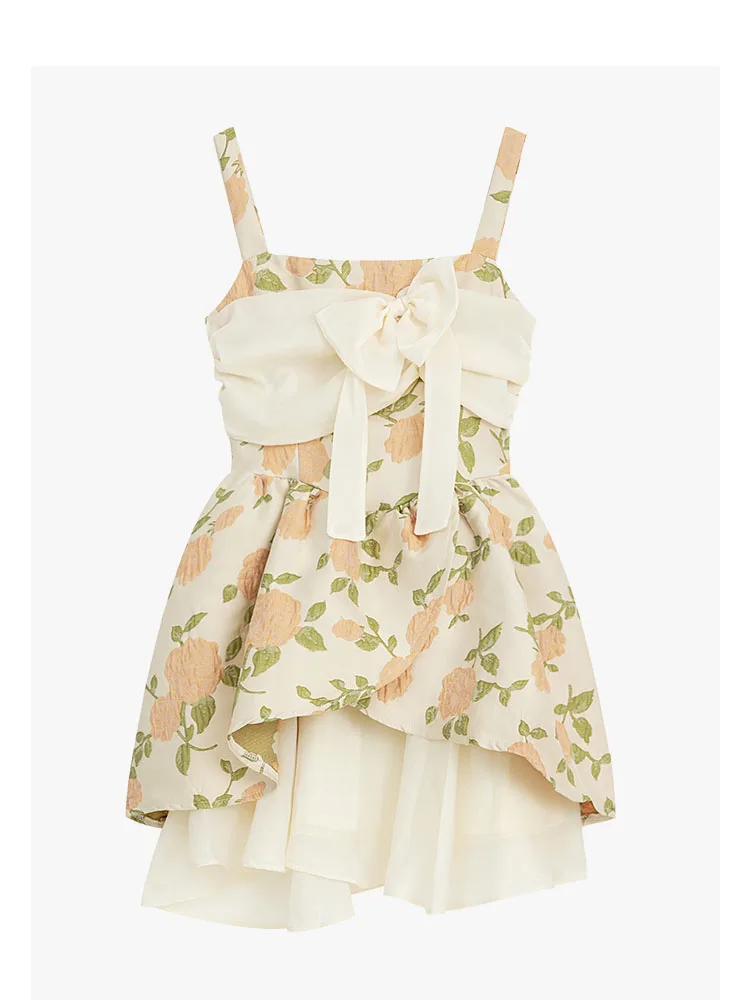 

Women Beige Spaghetti Strap Dress Sleeveless Fashion Temperament Y2K Streetwear Sweet Floral Dress Bow Frocks Formal Occasion