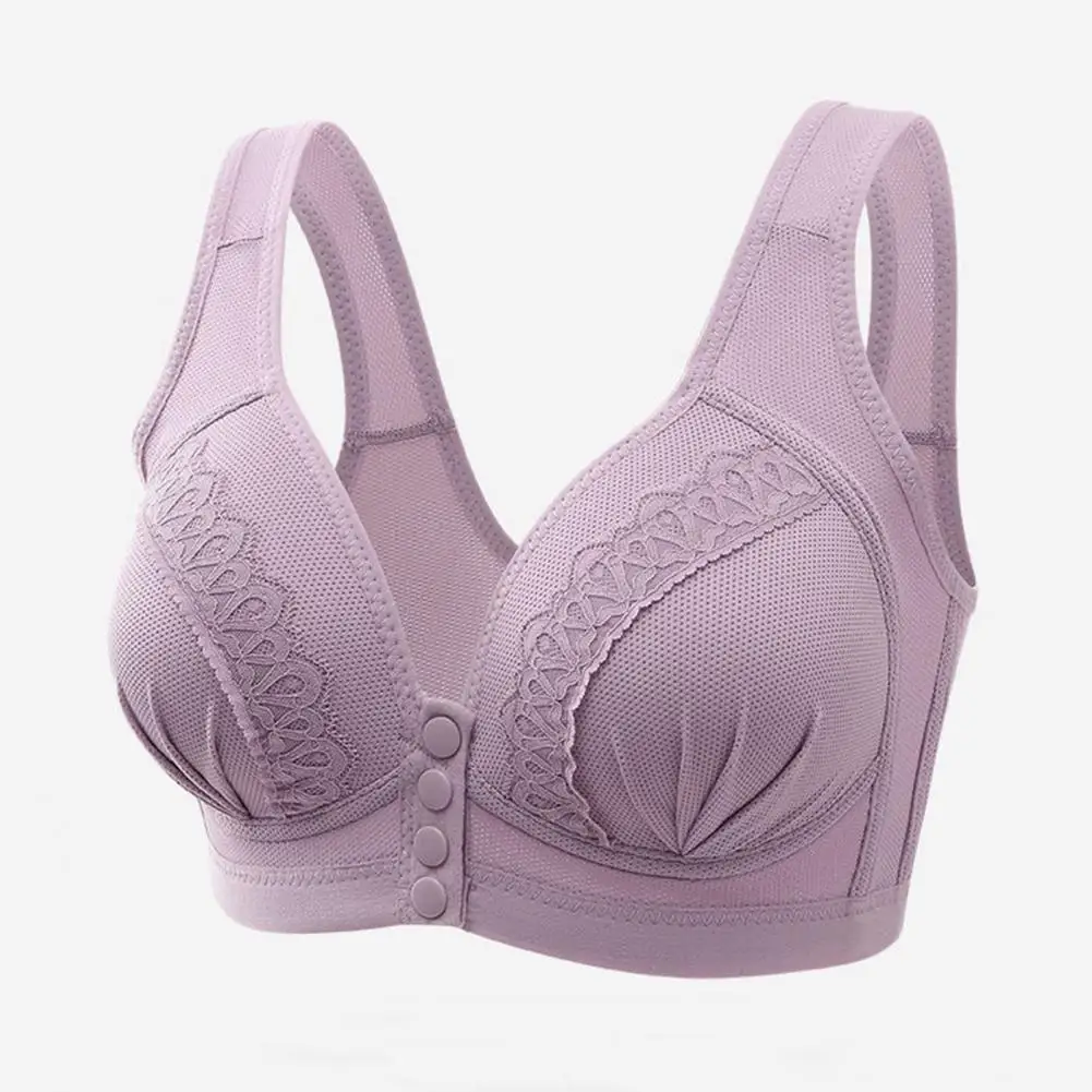 

Front Closure Push-up Bra Elegant Lace Stitching Brassiere for Middle-aged Wireless Wide Straps Front Button Closure Women Bra