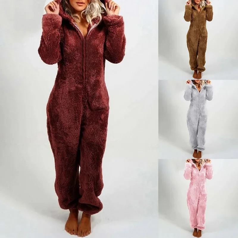 

Onesies Warm Sleeve Homewear Women Fleece Jumpsuits Long Romper Pajama Hooded Pyjamas Fluffy Nighties Zipper Sleepwear Winter