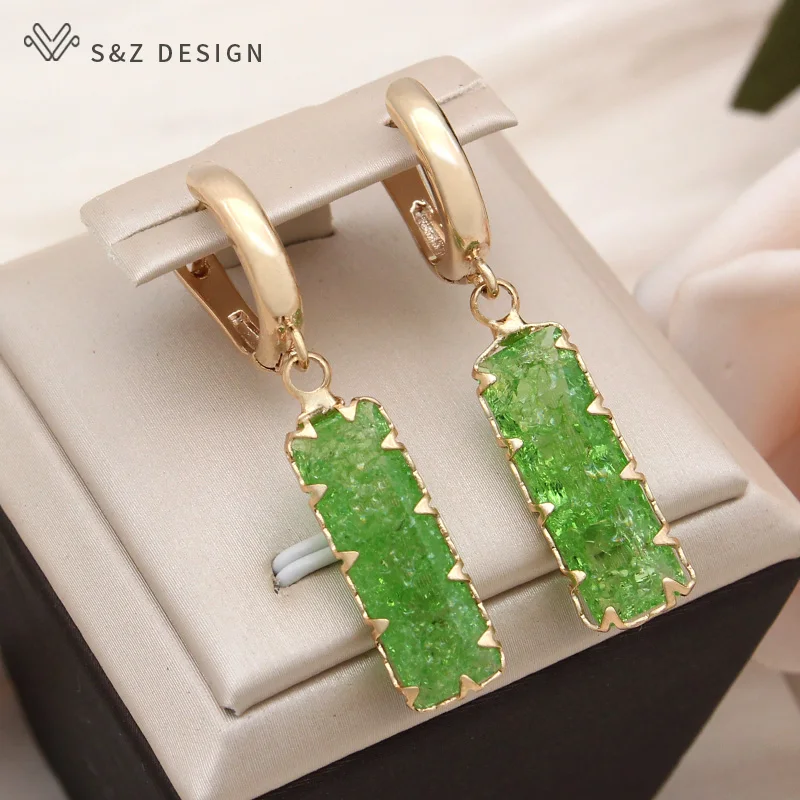 S&Z DESIGN New Fashion Rectangle Ice Crack Crystal Dangle Earrings Jewelry Sets For Women Daily Accessories Pendant Necklace