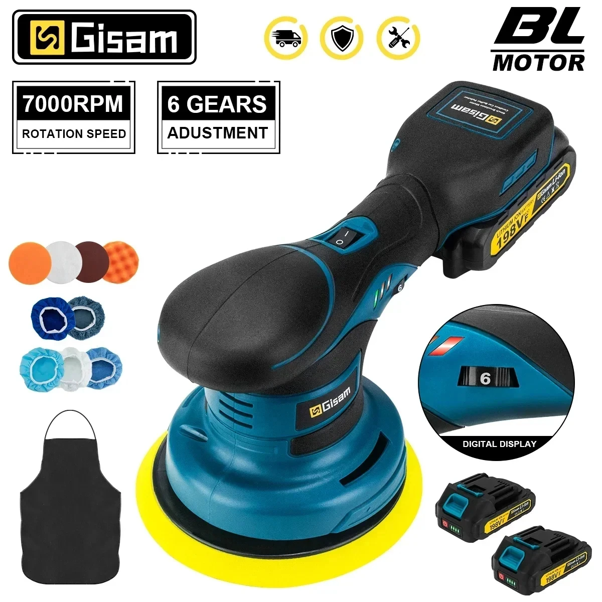 GISAM Brushless Car Polisher, 6 gear electric polisher, automobile polishing and sealing glaze machine, compatible with Makita 18V battery pin