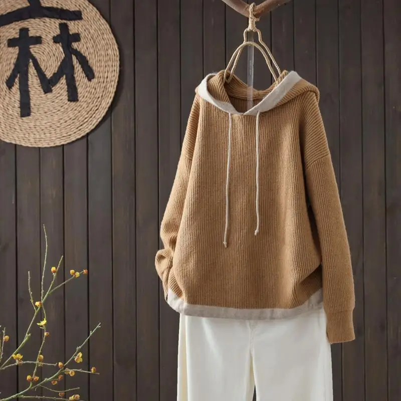 

Women's Autumn Winter Fashion Hooded Pullover Contrast Color Casual Versatile Long Sleeve Loose Medium Length Sweater Knit Tops