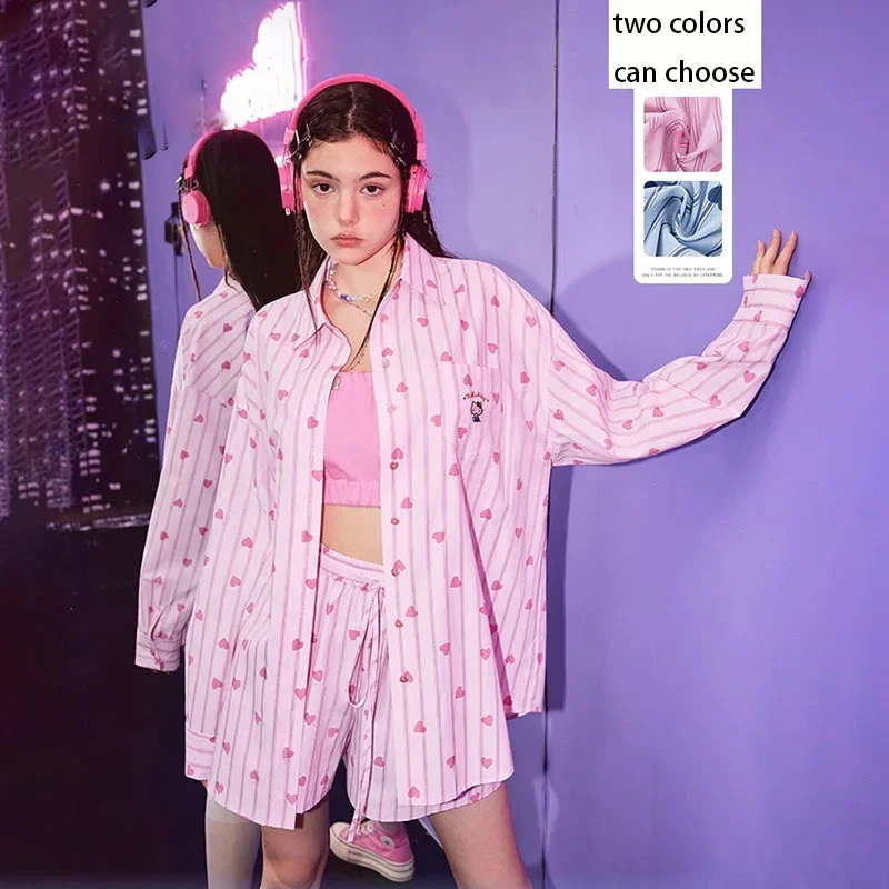 

Kawaii Sanrios Hello Kitty Contrasting Stripe Set Women Temperament Shirt Shorts Lightweight Anime Summer Sun Protection Casual
