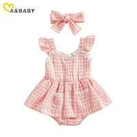 ma&baby 0-18M Newborn Infant Baby Girls Romper  Plaid Lace Ruffle Jumpsuit Playsuit + Bow Headband Summer Outfit 6