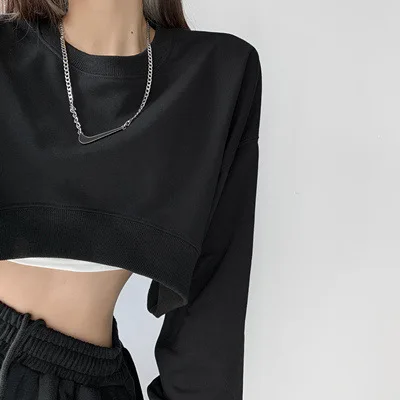 Long Sleeve Crop Top Korean Fashion Solid Loose Y2K T-shirt