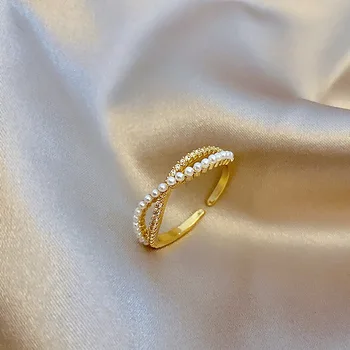 Anelli incrociati a doppio strato con perle e zirconi in acciaio inossidabile per le donne Gioielli da dito di lusso Regalo per la sposa Colorfast
