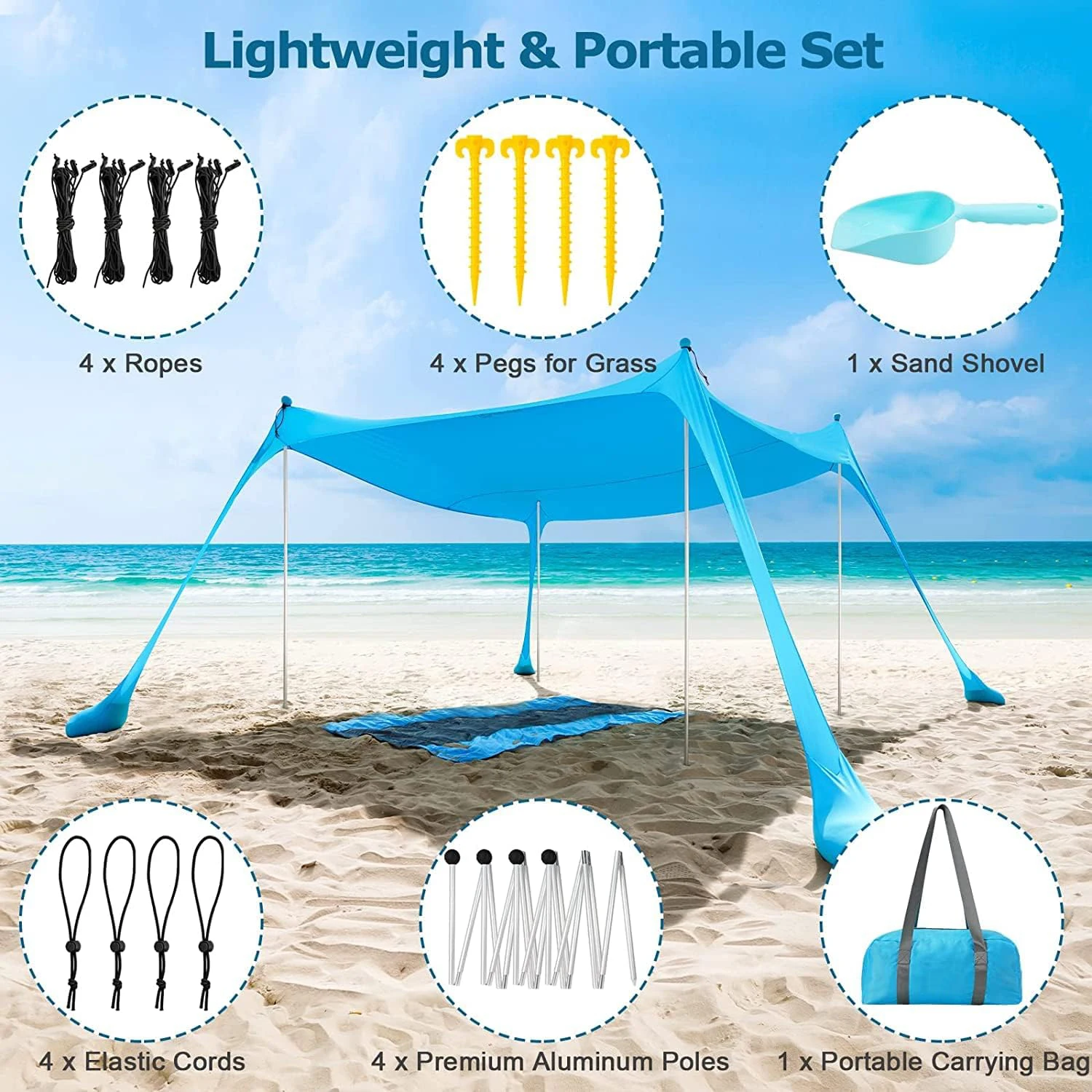Pop Up Beach Tent Sun Shelter UPF50+ with Sand Shovel Ground Pegs and Stability Poles Outdoor Shade for Camping Trips Backyard