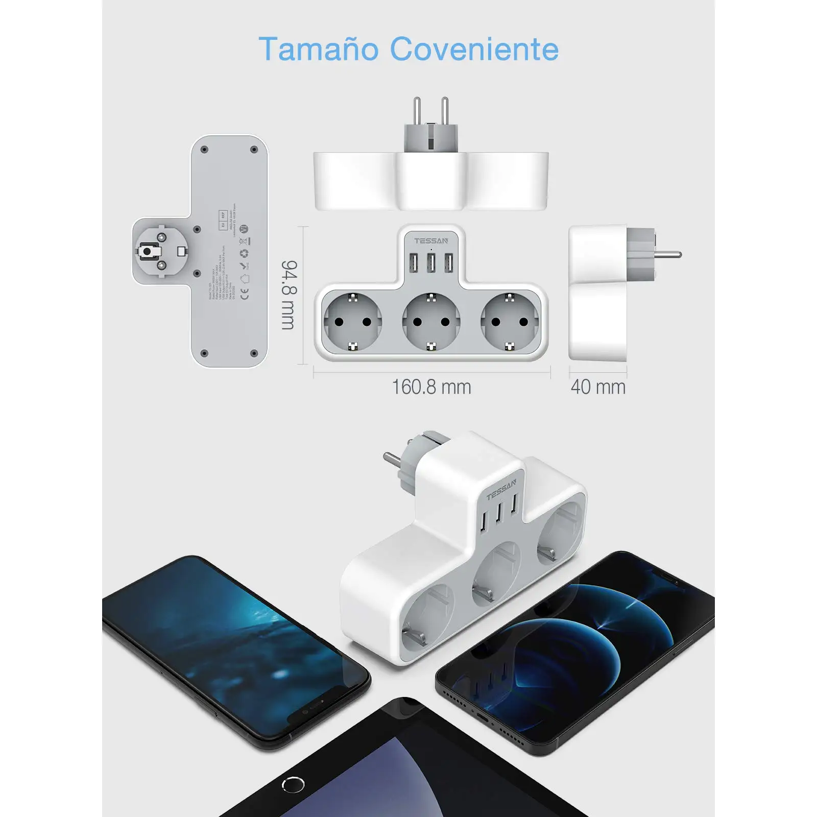 Power Strip Plug Adapter Electrical Socket Power Socket TESSAN Multiple Wall Socket 3 AC Outlets & 3 USB Ports 6 in 1 USB Adapter with Overload Protection for Smartphone Tablet