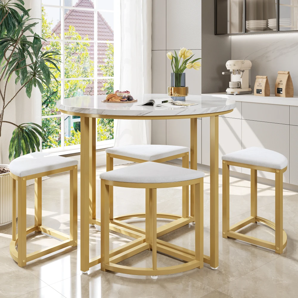 Moderner Luxustisch und Stühle, bestehend aus 1 Esstisch-Set und 4 Stühlen, Essgruppe mit MDF-Tischplatte und vergoldetem Eisenrahmen – Detail 32