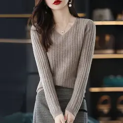 Women's V-Neck Knitted Pullover Sweater - Long Sleeve Fashionable Winter Top - S   40kg-45kg (Khaki)