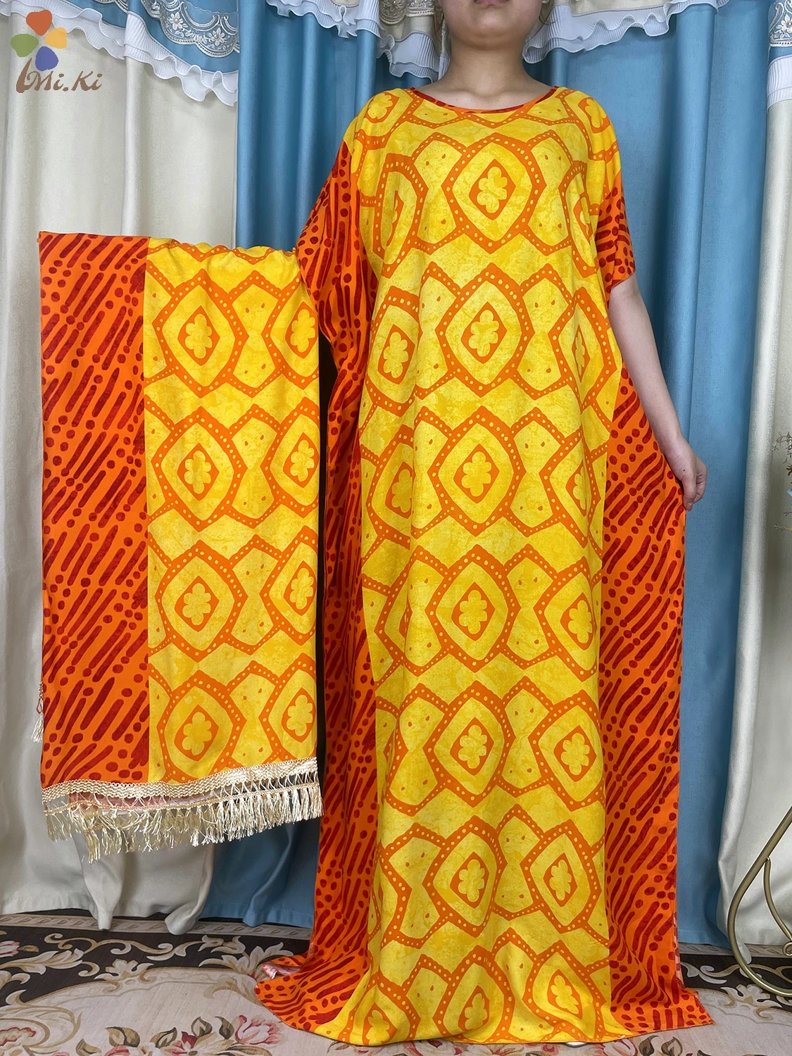 2024 Muslim Short Sleeve Dress African Women Dress Cotton Loose Fit Dress with Tassel Scarf Dubai Maxi Dress Islamic Clothing