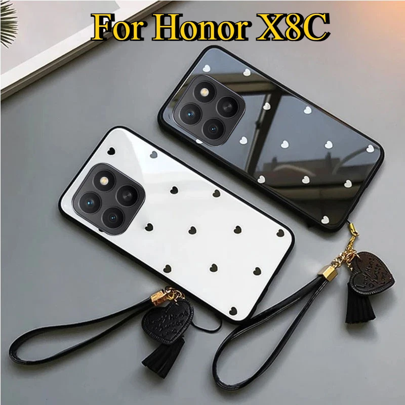 Small Love Heart Tempered Glass Shockproof Hard Cover with Tassel Lanyard