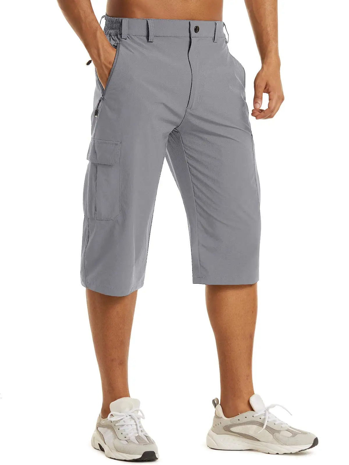 Cotton Below Knee Length Men's Outdoor Capri Pants with Multi Pockets